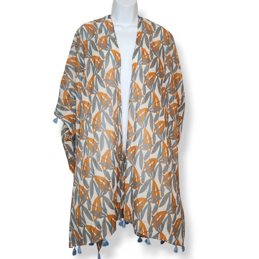 NWT Blue Threads by RockFlowerPaper Print Open Front Tassel Kimono Beach Coverup